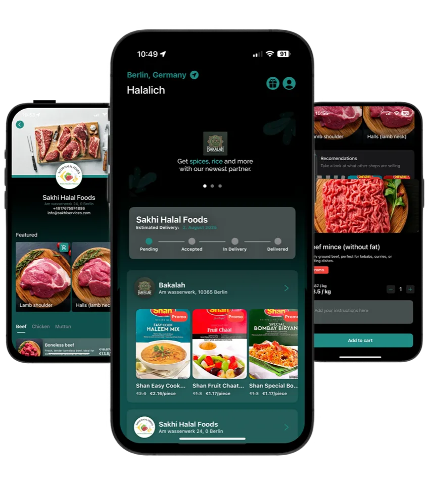 Halalich app on a phone showing Sakhi Halal delivery