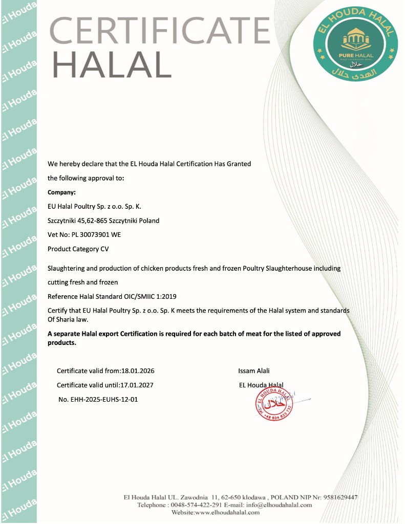 EL Houda Halal certificate for EU Halal Poultry — valid 18 January 2026 to 17 January 2027